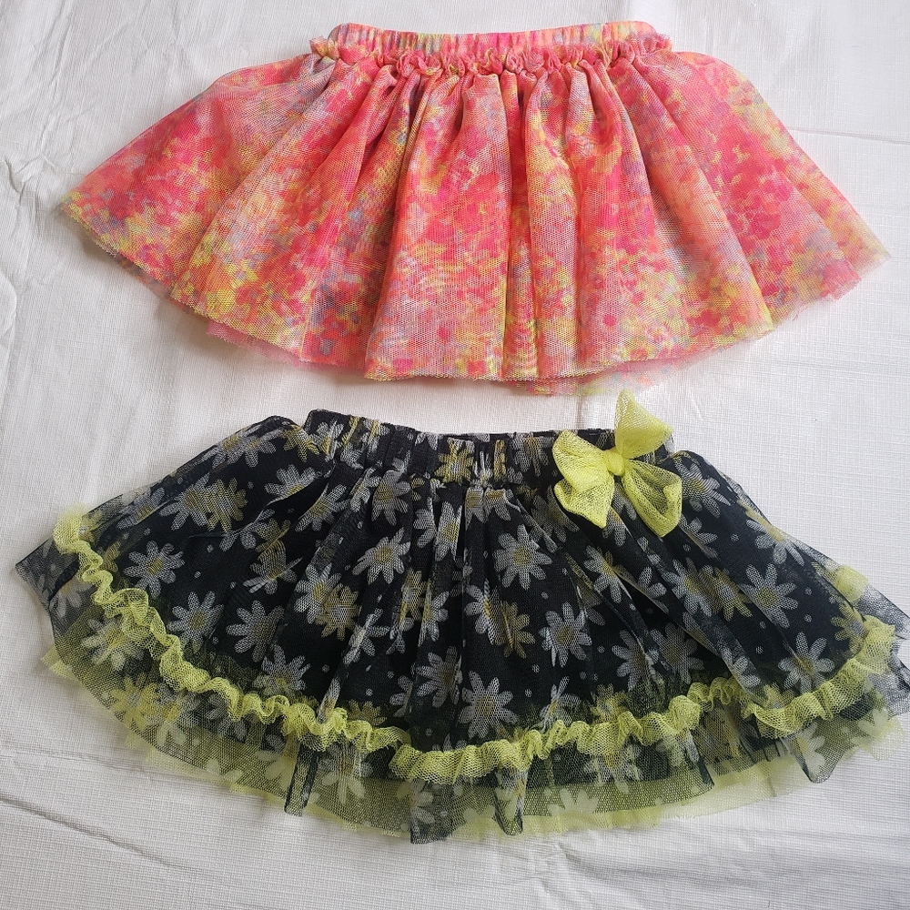 TWO Tutu Mesh Skirts Pink Floral & Black and Yellow Size 0-3M